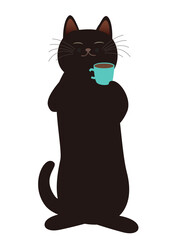 コーヒー休憩でホッとする黒猫　背景透明
