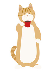 コーヒー休憩でホッとする茶白猫　背景透明
