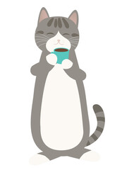 コーヒー休憩でホッとするグレー猫　背景透明