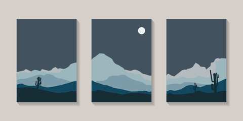 Abstract Landscape poster collection Sun and moon trees mountain bundles and mountains at night