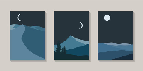 Abstract Landscape poster collection un and moon trees mountain bundles and mountains at night