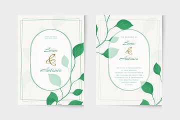 Wedding invitation template with green leaf watercolor