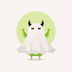 Cute green monster in halloween ghost costume cartoon illustration