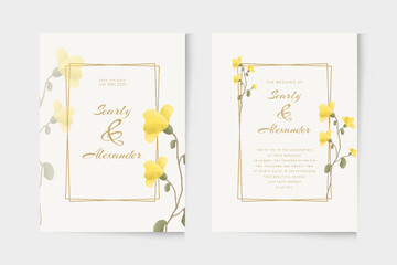 Modern wedding invitation template with yellow floral watercolor ornament