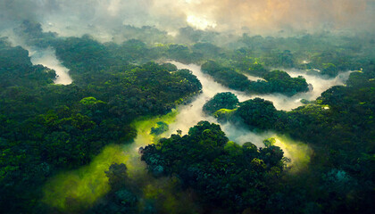 Amazon river rain forest trees from avobe the sky