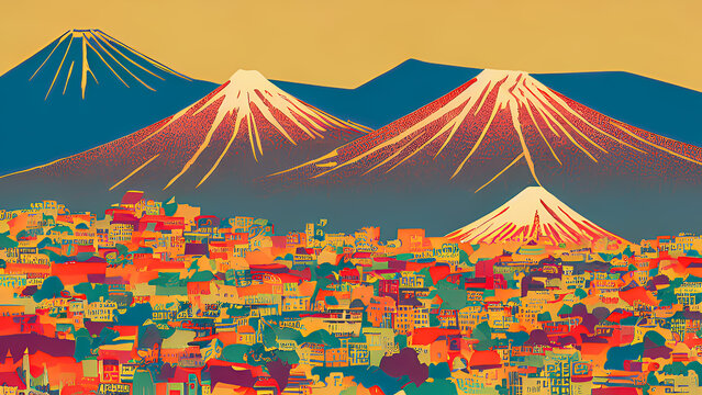 Fuji Mountain in Japan. Vintage Style. Illustration with densely populated houses under the foot of the mountain