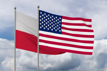 Poland and american flag on sky background. 3D illustration
