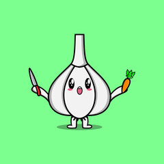 Cute cartoon Garlic character holding knife and carrot in modern style design