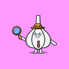 Cute cartoon character Garlic detective is searching with magnifying glass   