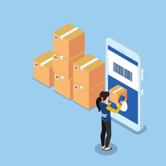 Woman holding a box and scanning barcode on a mobile phone 3d isometric vector illustration concept for banner, website, landing page, ads, flyer template