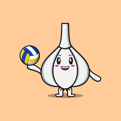 Cute cartoon Garlic character playing volleyball in flat cartoon style illustration