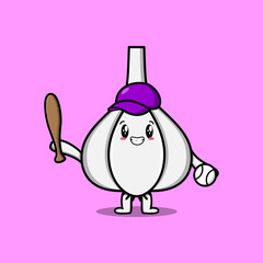 Cute cartoon Garlic character playing baseball in modern style design