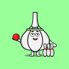 Cute cartoon Garlic character playing bowling in flat modern style design illustration