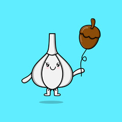Cute cartoon Garlic floating with acorn balloon cartoon vector illustration