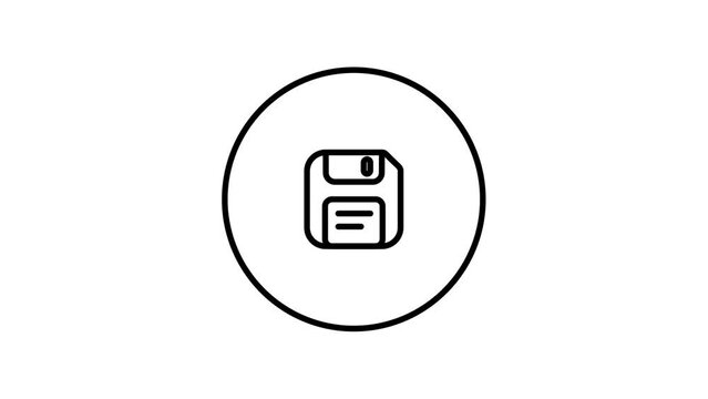 Save, diskette icon in circle black outline, save button line icon vector illustration, save, icon sing and symbols, video animation, self drawing.