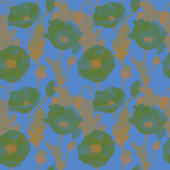 Art Nouveau stylized poppies in vintage seamless pattern. Art Deco illustration of field flowers in golden color. Design for background, packaging, cover, decor, textile. Retro tapestry tracery.