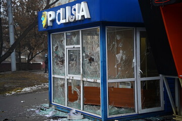 Almaty, Kazakhstan - 01.05.2022 : A broken police post on one of the streets of the city during the riots.