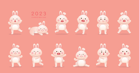 Cute white bunny baby character or mascot in various poses, mid autumn festival or chinese new year or easter, vector cartoon style set