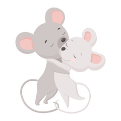 Two little mice kissing and hugging. Cute family in love. Vector flat illustration isolated on white background