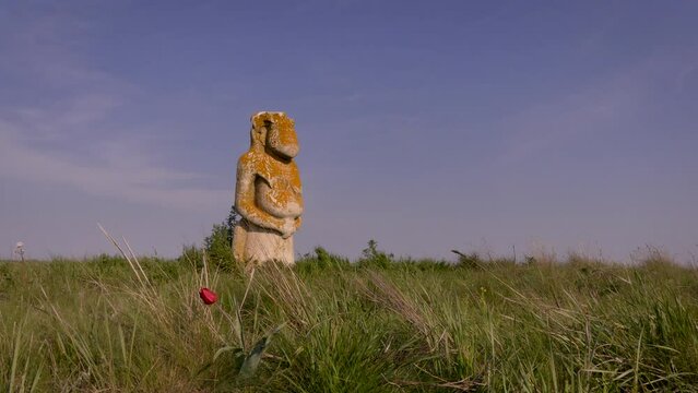 An ancient cult monument in the wild steppe of Ukraine. Such statues were erected by ancient nomads (Scythians and Cumans). Askania Nova (Ukraine)