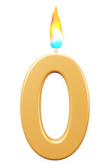 Birthday candles number 0 with burning flames. 3d rendering celebration symbol png