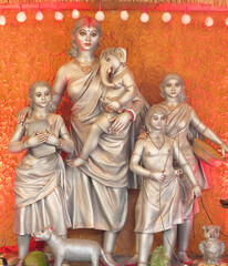 Image of Mother Durga (God) with son and daughter. This image click from Kolkata, West Bengal, India.
