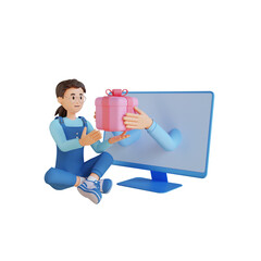 young girl shopping online and holding a gift 3D character illustration