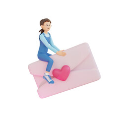 young girl riding on the big envelope 3D character illustration