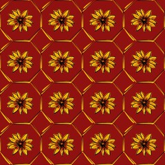 Seamless pattern. Beautiful yellow large rudbeckia or daisy flowers on a red background. Sunflowers, honeycomb wallpaper.