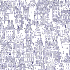 chateau seaSeamless pattern, Fairy tale castle, old medieval town houses. Coloring book page for adults and childrenmless 600x600_02 blue cont