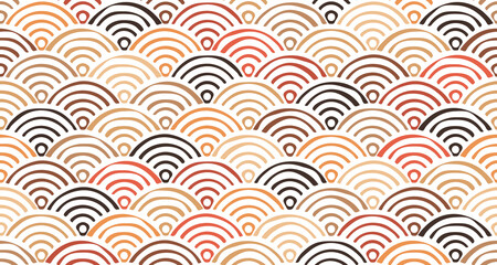 Fototapeta na wymiar Abstract vector seamless pattern with waves in shades of beige. The repeating shape of fish scales is like a tile. Endless monochrome background for printing. 