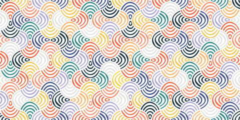 Abstract vector colorful seamless pattern with rounded lines. The repeating multi-coloured shape of fish scales is like a tile. Endless bright background for print © unimaginary