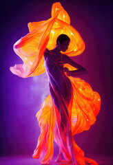 Obraz premium Woman in waving dress as a flame dancing with flying fabric