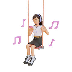 young woman hearing music while playing on the swing 3D character illustration
