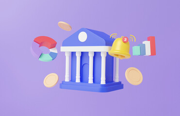 Notification bell with bank building floating on purple background Banking income deposit concept. Business grow investment finance, savings money transaction security. 3d render illustration