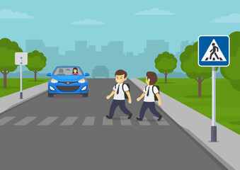 Car stopped at  crosswalk. Traffic sign indicates pedestrian crossing. Happy school children crossing the road on crosswalk. Flat vector illustration template.