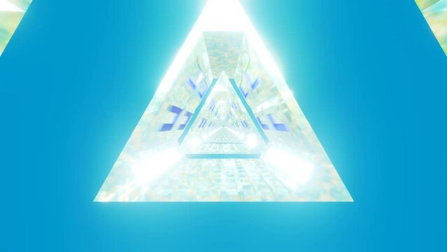Abstract speed hyper looping ionic light blue illuminated Sci-fi graphic background, Procedural Sci-fi triangle looping 3d animation, light blue and illuminated lilac colors triangle looping. 