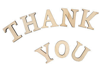 Thank you, written in wooden letters on white wooden background