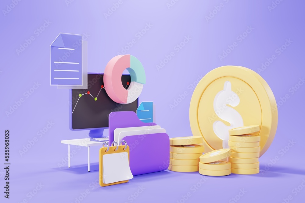Poster 3d render of computer monitor screen with graph, coins, document and book note on purple pastel back