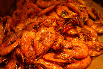 Shrimp marinated grilled piles on the buffet