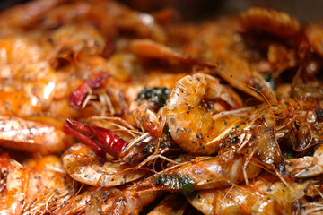 Shrimp marinated grilled piles on the buffet