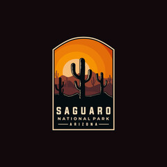Saguaro national park vector template. Tucson Arizona landmark illustration in emblem patch style.