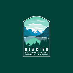 Glacier national park vector template. Montana landmark graphic illustration in badge emblem patch style.