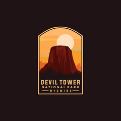 devils tower national park vector template. Wyoming landmark illustration in emblem patch style.
