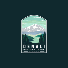 Denali national park vector template. Alaska landmark graphic illustration in badge emblem patch style.