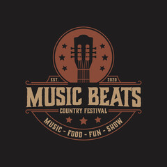 musical instrument graphic template. music vector illustration in retro vintage badge emblem style.