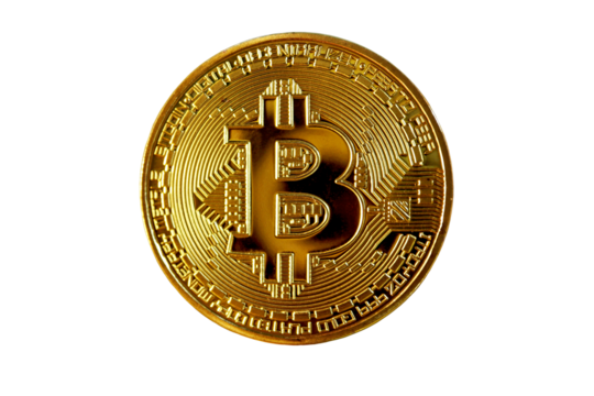 Closeup golden bitcoin on transparent background. Business finance and cryptocurrency money digital online concept. (PNG File)