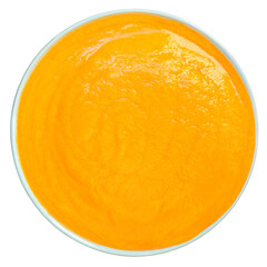 Pumpkin or Squash Cream soup isolated on a white background. Bowl of Autumn cream-soup Top view.