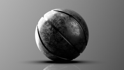 Black metallic basketball under black-white lighting background. Concept 3D CG of propaganda for the team, advertisement for the league finals and the fruits of the players' efforts.