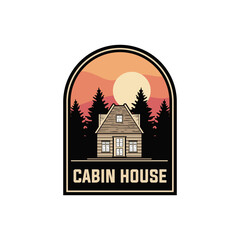 cabin house label vector template. lodge forest cottage graphic in badge patch emblem style illustration.